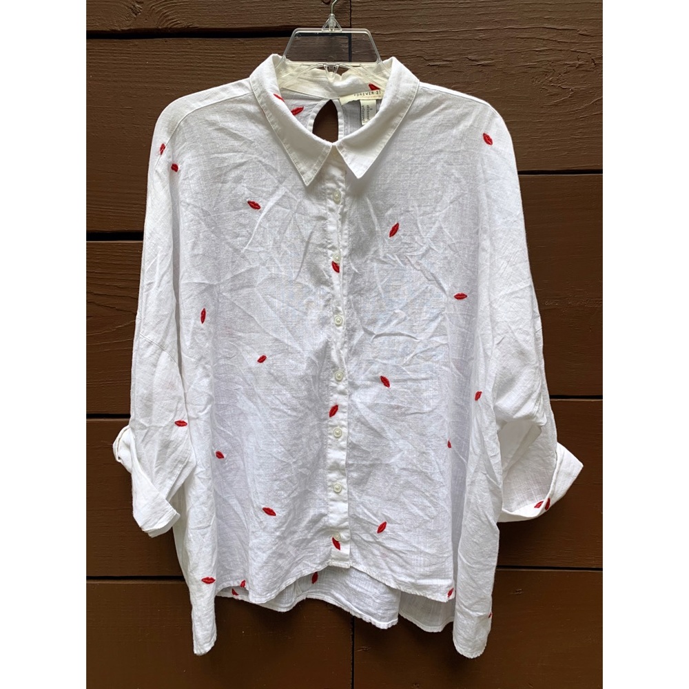 Forever 21 white button up with red lip embroidery